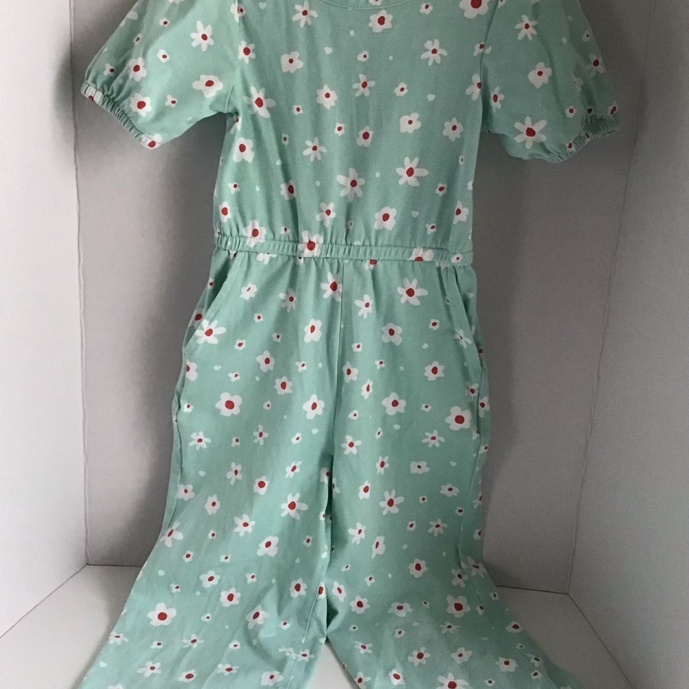 Hanna Andersson Girls Romper US 4 Light Blue Wide Leg Puff Sleeve Daisy Pattern
